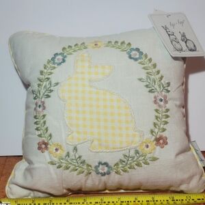 New Embroidered Pillow With Gingham Bunny With Flowers For Easter